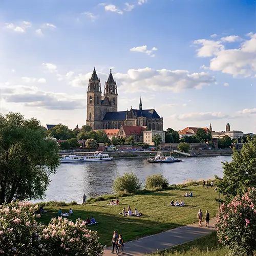 Blick auf den Dom über die Elbe in Magdeburg
