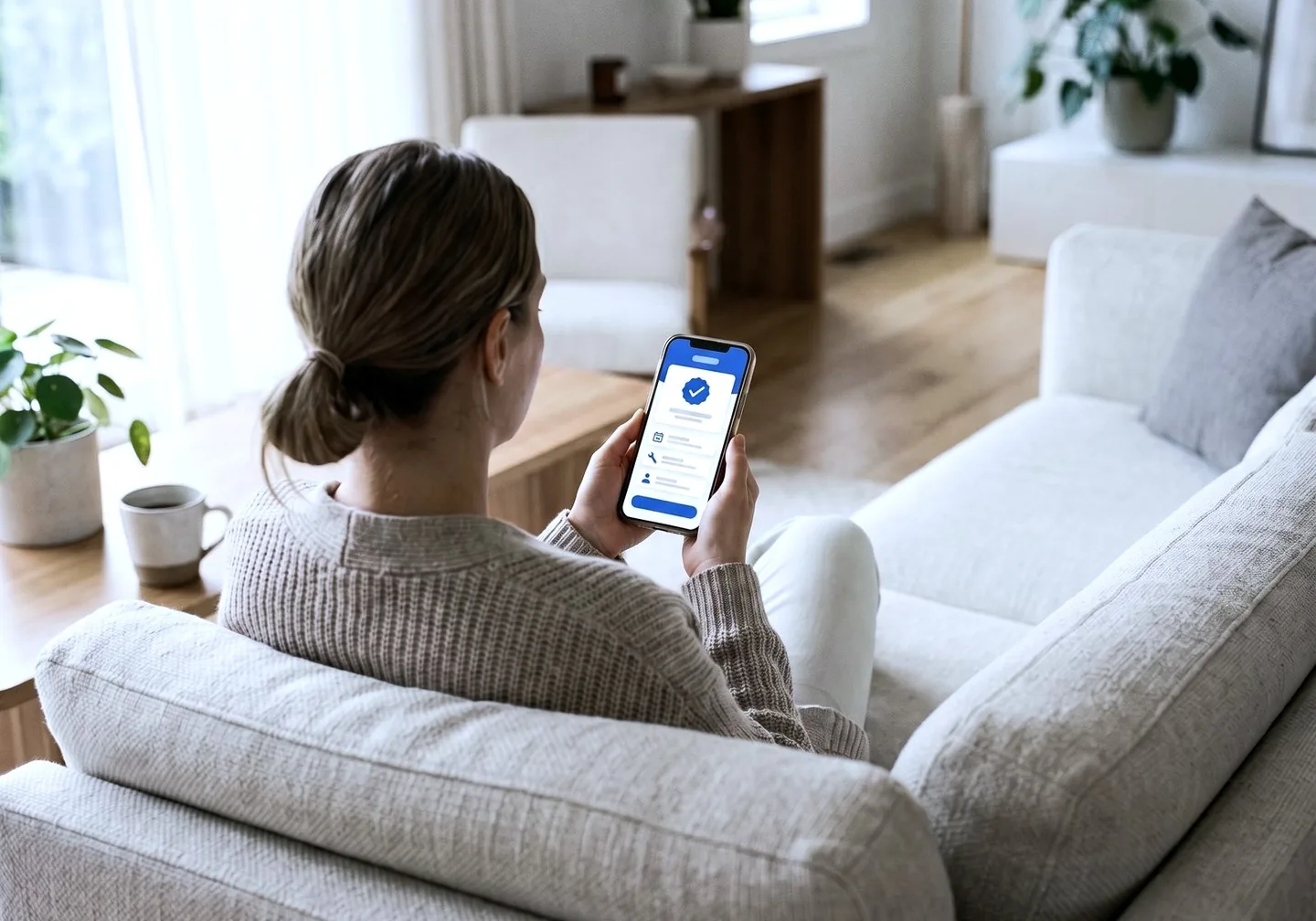 Bewohnerin steuert die Haustechnik per App auf dem Smartphone