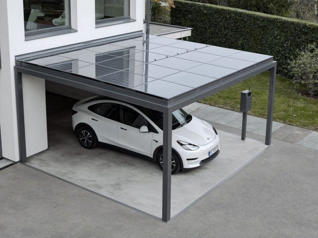 Solar-Carport mit Glas-Glas-Modulen und E-Auto
