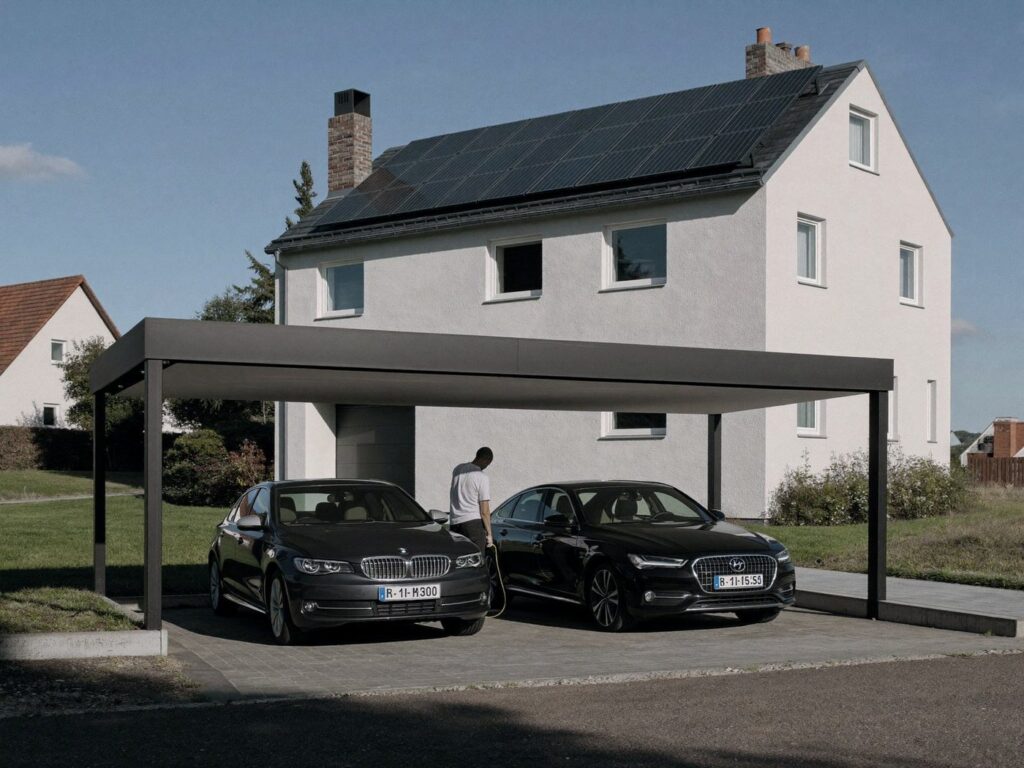 Bewohner lädt sein E-Auto unter dem Solar-Carport