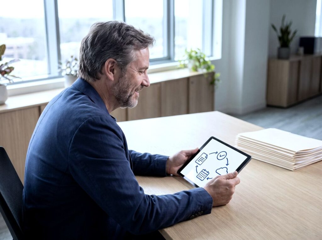 Unternehmer am Schreibtisch mit Tablet, Abläufe als Diagramm