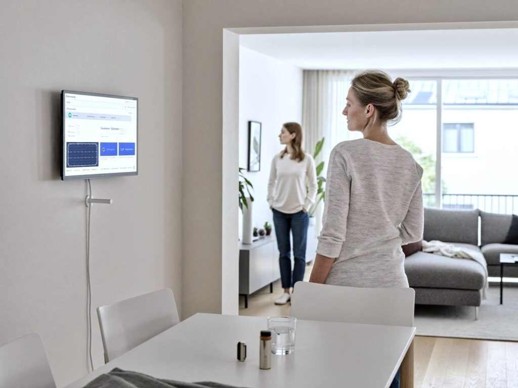 Bewohnerin am Energiedisplay im Wohnzimmer