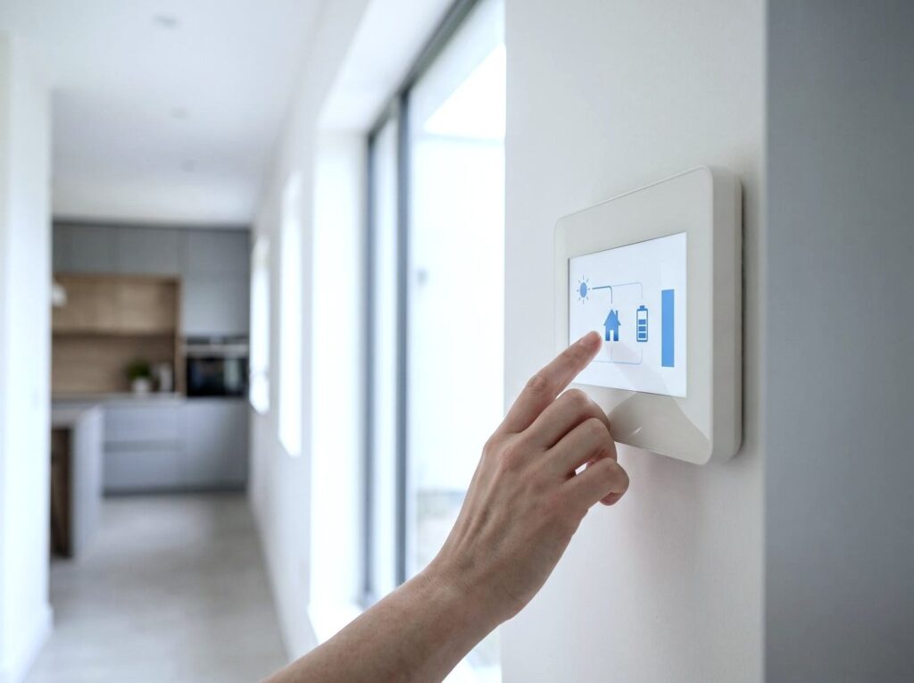 Hand am Energiedisplay mit Sonne, Haus und Speicher