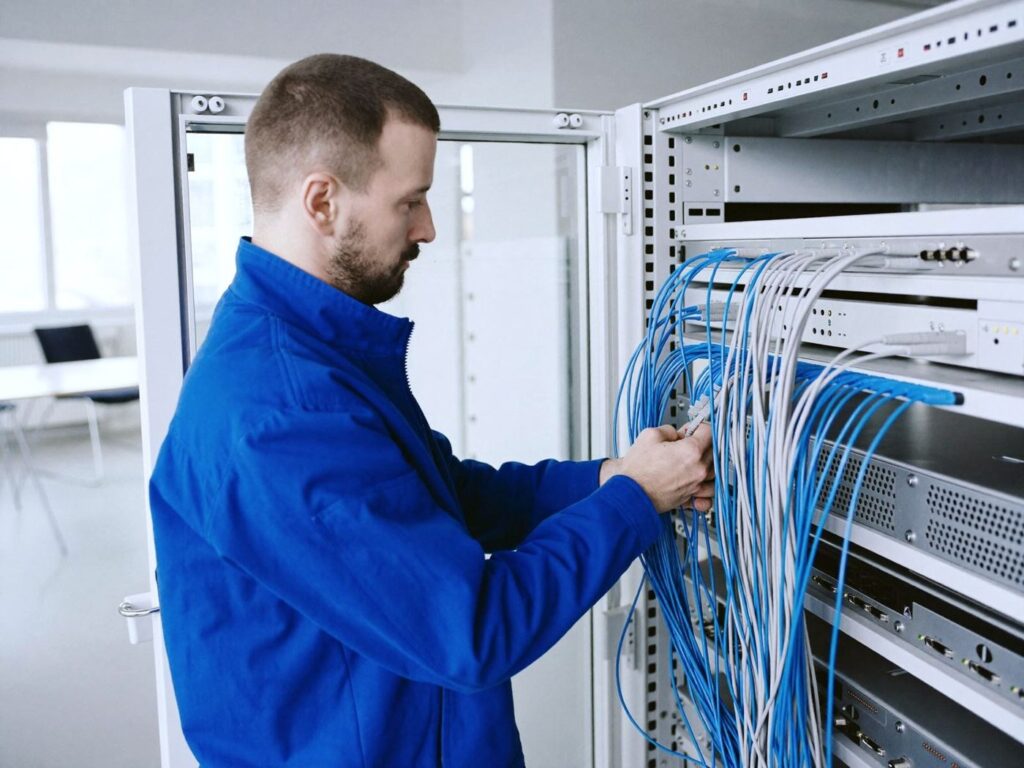 Netzwerktechniker am Netzwerkschrank